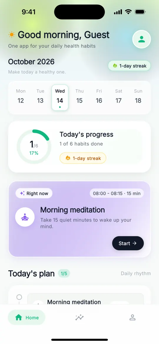 Home screen with today's progress ring and a morning meditation suggestion