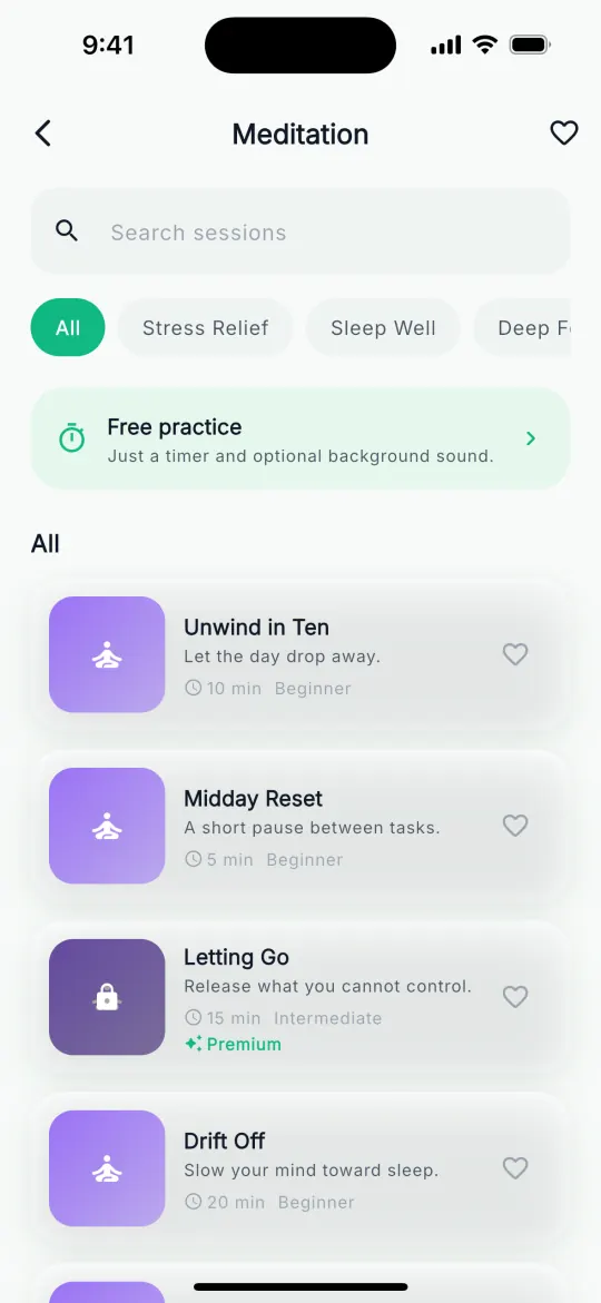 Meditation library with categories, a free practice timer and guided sessions