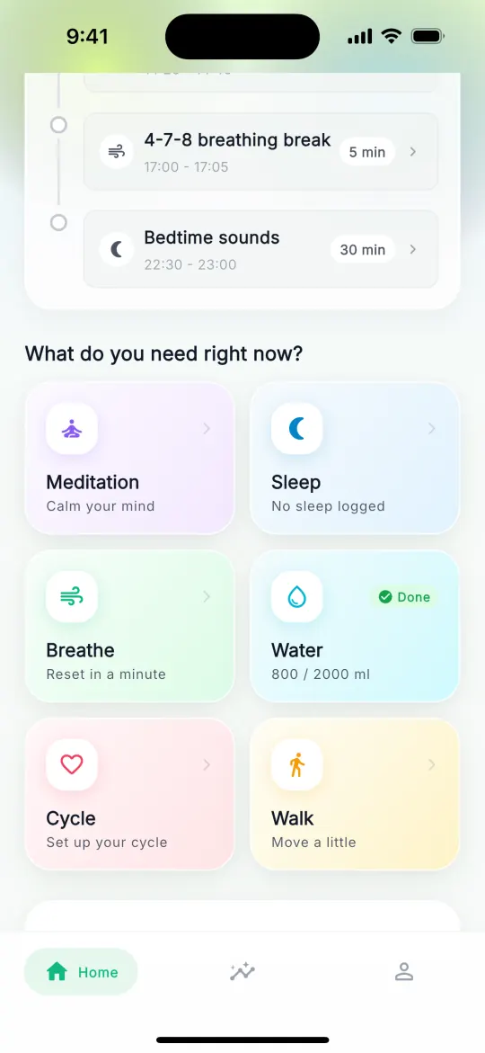 Six habit tiles: meditation, sleep, breathe, water, cycle and walk